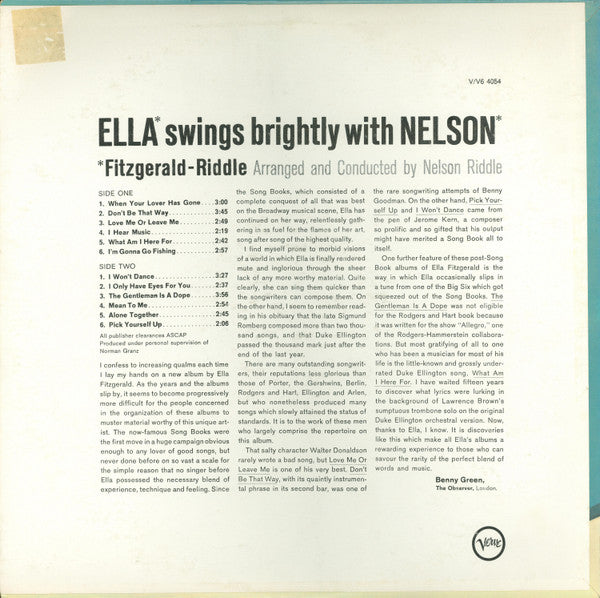 Ella Fitzgerald - Nelson Riddle : Ella Swings Brightly With Nelson (LP, Album, Mono, MGM)