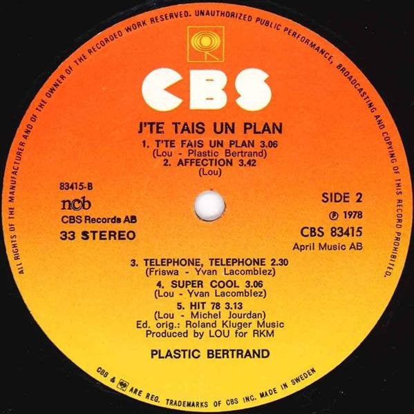 Plastic Bertrand : J'te Fais Un Plan (LP, Album, Gat)