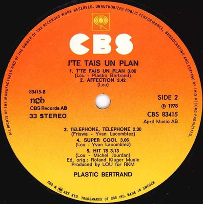 Plastic Bertrand : J'te Fais Un Plan (LP, Album, Gat)