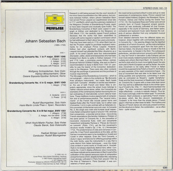Johann Sebastian Bach / Wolfgang Schneiderhan, Festival Strings Lucerne, Rudolf Baumgartner : Brandenburg Concertos Nos. 1·4·6 (LP, Album, RE)
