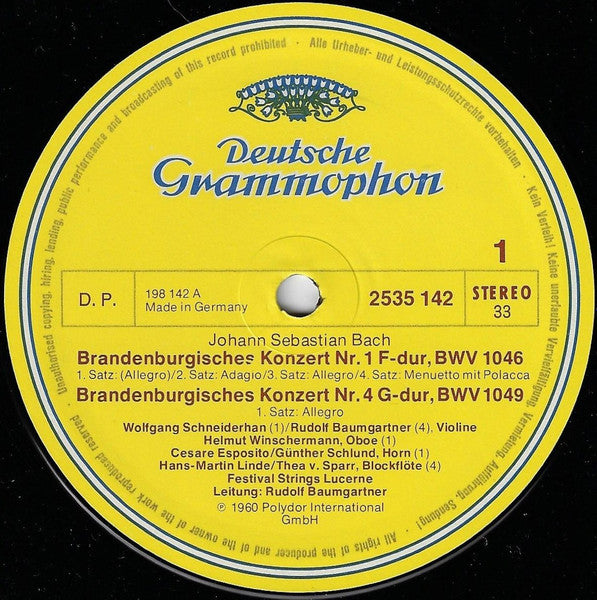Johann Sebastian Bach / Wolfgang Schneiderhan, Festival Strings Lucerne, Rudolf Baumgartner : Brandenburg Concertos Nos. 1·4·6 (LP, Album, RE)