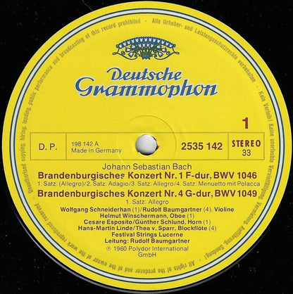 Johann Sebastian Bach / Wolfgang Schneiderhan, Festival Strings Lucerne, Rudolf Baumgartner : Brandenburg Concertos Nos. 1·4·6 (LP, Album, RE)