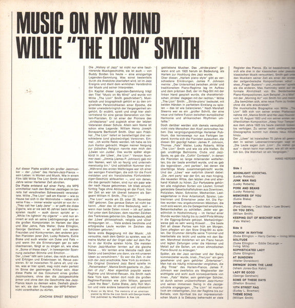 Willie "The Lion" Smith : Music On My Mind (LP, Album, RE, Gat)