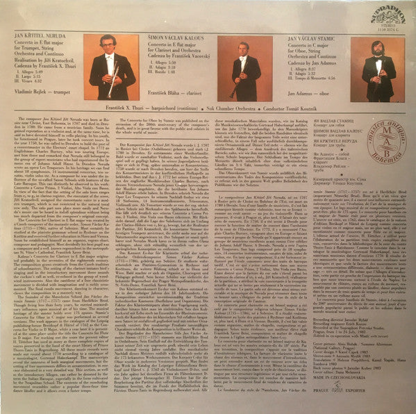 Jan Václav Antonín Stamic, Šimon Václav Kalous, Johann Baptist Georg Neruda, Jan Adamus, František Bláha, Vladimír Rejlek, Suk Chamber Orchestra, Tomáš Koutník : Oboe, Clarinet, Trumpet Concertos (LP, Album, RP)