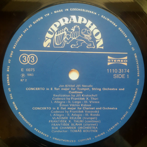 Jan Václav Antonín Stamic, Šimon Václav Kalous, Johann Baptist Georg Neruda, Jan Adamus, František Bláha, Vladimír Rejlek, Suk Chamber Orchestra, Tomáš Koutník : Oboe, Clarinet, Trumpet Concertos (LP, Album, RP)