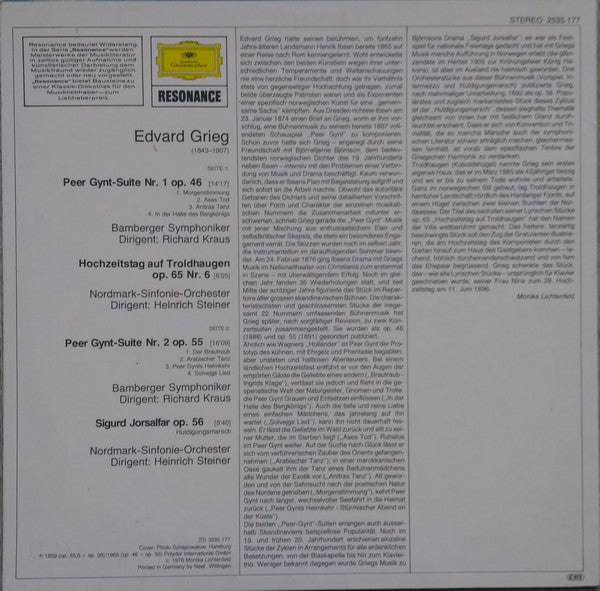 Edvard Grieg : Peer Gynt Suiten Nr.1&2 • Hochzeitstag Auf Troldhaugen / Huldigungsmarsch Aus »Sigurd Jorsalfar« (LP, Comp, RE)