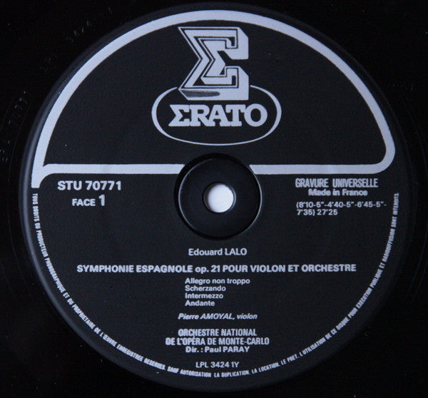 Édouard Lalo - Pierre Amoyal, Orchestre National De L'Opéra De Monte-Carlo, Paul Paray : Symphonie Espagnole Pour Violon Et Orchestre OP. 21- Rhapsodie Norvegienne (LP, RE, gat)