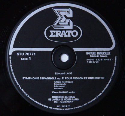 Édouard Lalo - Pierre Amoyal, Orchestre National De L'Opéra De Monte-Carlo, Paul Paray : Symphonie Espagnole Pour Violon Et Orchestre OP. 21- Rhapsodie Norvegienne (LP, RE, gat)