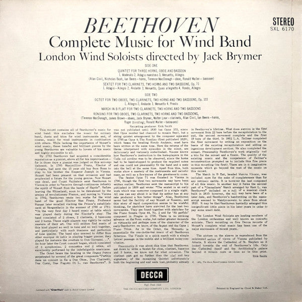 Ludwig Van Beethoven, London Wind Soloists Directed By Jack Brymer : Complete Music For Wind Band (LP, Album)