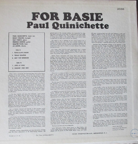 Paul Quinichette, Jo Jones, Shad Collins, Nat Pierce, Walter Page, Freddie Green : For Basie (LP, Album, Mono, RE)