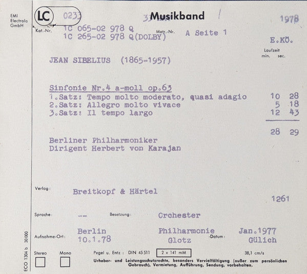 Jean Sibelius / Herbert Von Karajan - Berliner Philharmoniker : Sinfonie Nr. 4 / Tapiola (LP, Quad)