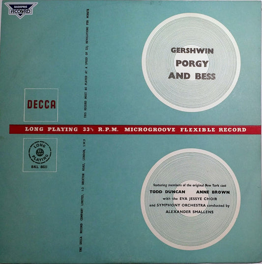 George Gershwin / Todd Duncan (3), Anne Brown, Eva Jessye Choir, Alexander Smallens Conducting Decca Symphony Orchestra : Porgy And Bess: Selections From George Gershwin's Folk Opera (LP, Album, Mono)