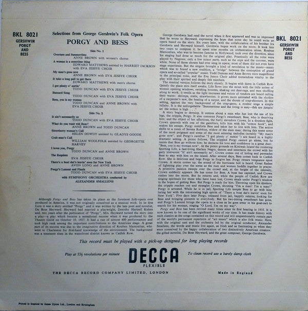 George Gershwin / Todd Duncan (3), Anne Brown, Eva Jessye Choir, Alexander Smallens Conducting Decca Symphony Orchestra : Porgy And Bess: Selections From George Gershwin's Folk Opera (LP, Album, Mono)