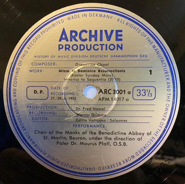 Chor Der Mönche Der Benediktiner-Erzabtei St. Martin, Beuron Direction: Pater Maurus Pfaff : Gregorian Chant: Missa In Dominica Resurrectionis (Easter Sunday Mass) (LP, Album, Mono)