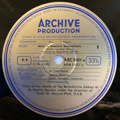 Chor Der Mönche Der Benediktiner-Erzabtei St. Martin, Beuron Direction: Pater Maurus Pfaff : Gregorian Chant: Missa In Dominica Resurrectionis (Easter Sunday Mass) (LP, Album, Mono)