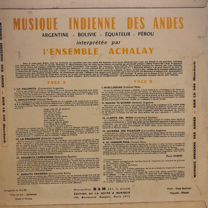 L'Ensemble Achalay : Musique Indienne Des Andes (10")