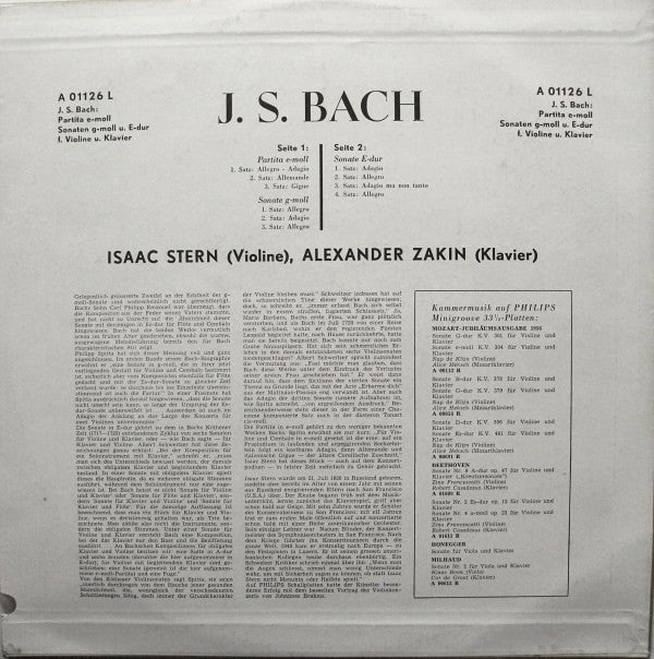 Johann Sebastian Bach, Isaac Stern, Alexander Zakin : Partita In E Minor For Violin And Piano / Sonata In G Minor For Violin And Piano / Sonata No. 3 In E Major For Violin And Piano (LP, Mono)