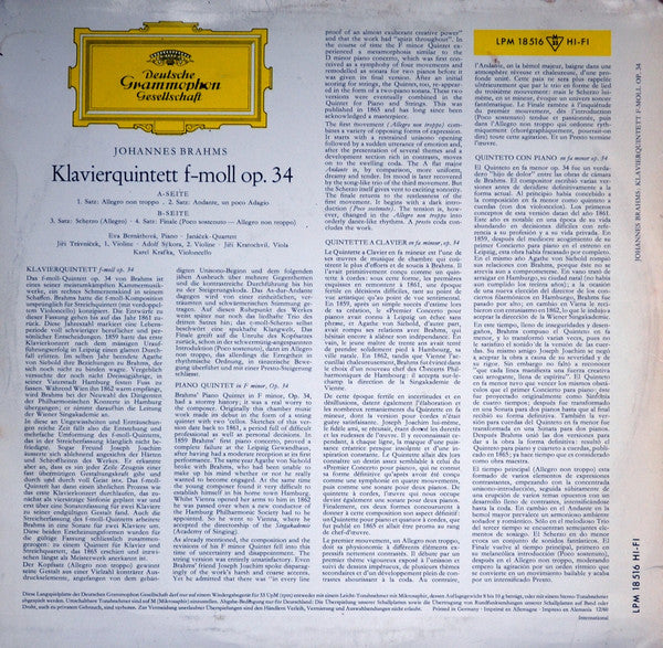 Johannes Brahms ‧ Eva Bernáthová ‧ Janáček Quartet : Klavierquintett F-moll Op. 34 (LP, Album, Mono)