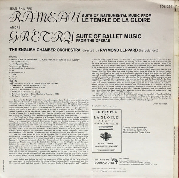 Jean-Philippe Rameau - Raymond Leppard - English Chamber Orchestra : Le Temple De La Gloire (LP, RP)