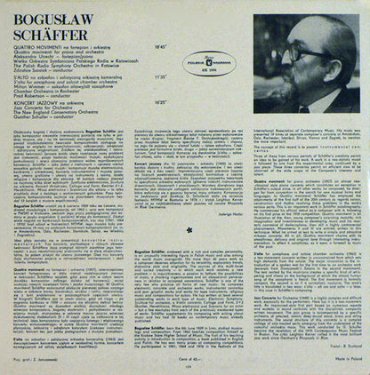 Bogusław Schaeffer : Quattro Movimenti / S'Alto / Koncert Jazzowy (LP)