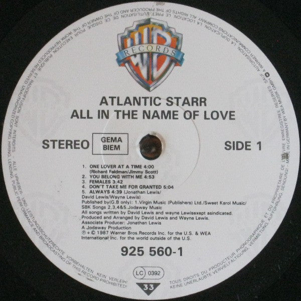 Atlantic Starr : All In The Name Of Love (LP, Album)