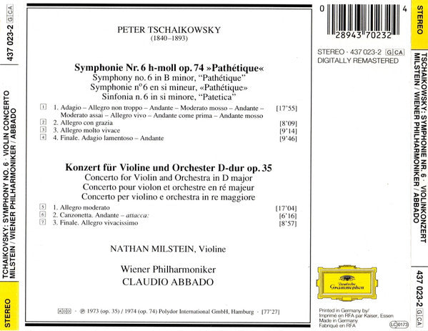 Pyotr Ilyich Tchaikovsky / Claudio Abbado, Nathan Milstein, Wiener Philharmoniker : Symphonie No.6 "Pathétique" - Violinkonzert (CD, Comp, RM)