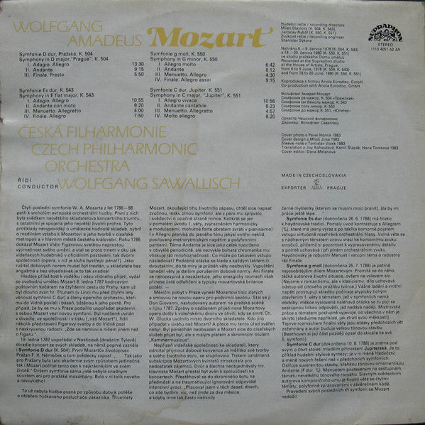 Wolfgang Amadeus Mozart - The Czech Philharmonic Orchestra, Wolfgang Sawallisch : Symphonies Nos· 38··41 In D Major "Prague" In E Flat Major In G Minor In C Major "Jupiter"  (2xLP, Comp)