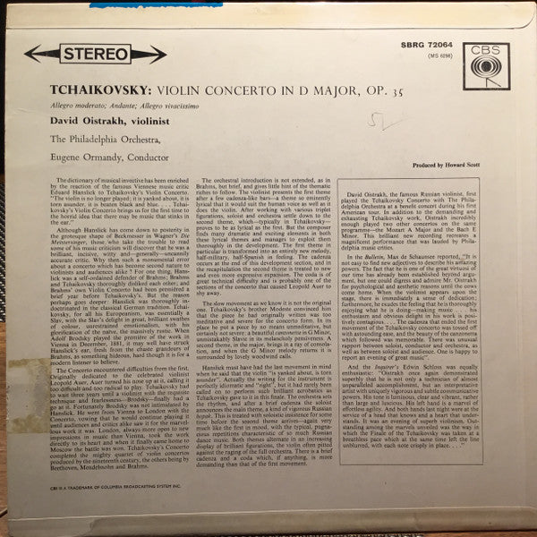 David Oistrach / Eugene Ormandy, The Philadelphia Orchestra, Pyotr Ilyich Tchaikovsky : Violin Concerto In D (LP)