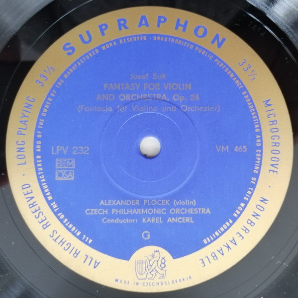 Josef Suk (2) / Ján Cikker : Op. 24 - Fantasie Pro Housle A Orchestr / Op. 20 - Concertino Pre Klavír A Orchester (LP, Mono)