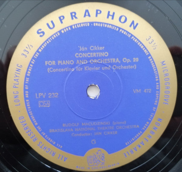 Josef Suk (2) / Ján Cikker : Op. 24 - Fantasie Pro Housle A Orchestr / Op. 20 - Concertino Pre Klavír A Orchester (LP, Mono)