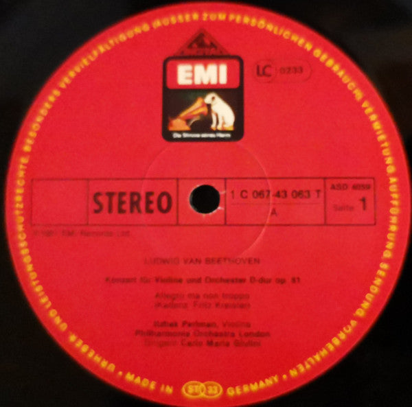 Ludwig Van Beethoven - Itzhak Perlman, Carlo Maria Giulini, Philharmonia Orchestra : Violin Concerto (LP)