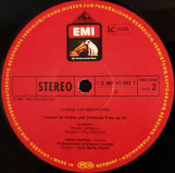 Ludwig Van Beethoven - Itzhak Perlman, Carlo Maria Giulini, Philharmonia Orchestra : Violin Concerto (LP)