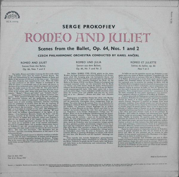 Sergei Prokofiev – The Czech Philharmonic Orchestra, Karel Ančerl : Romeo And Juliet (Scenes From The Ballet, Op. 64, Nos. 1 And 2) (LP, Mono, RE)