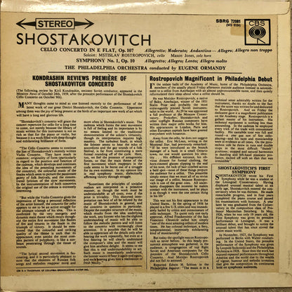 Dmitri Shostakovich - Mstislav Rostropovich, The Philadelphia Orchestra, Eugene Ormandy : Concerto For Cello In E Flat, Op. 107 / Symphony No. 1 In F Major, Op. 10 (LP, RE)