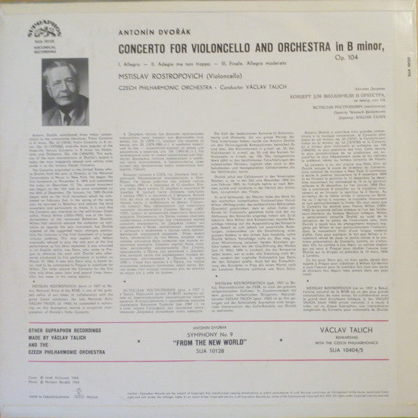 Antonín Dvořák - Mstislav Rostropovich, Václav Talich, The Czech Philharmonic Orchestra : Cello Concerto (LP, Album, Mono)