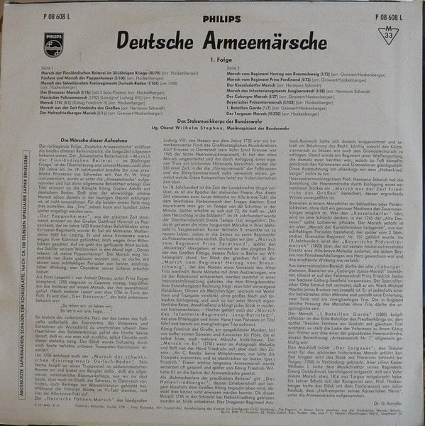 Stabsmusikkorps Der Bundeswehr Ltg. Wilhelm Stephan : Deutsche Armeemärsche 1. Folge (LP, Album, Mono, RE)