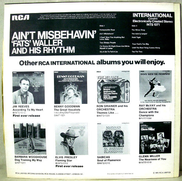 Fats Waller & His Rhythm : Ain't Misbehavin' (LP, Comp, RE)