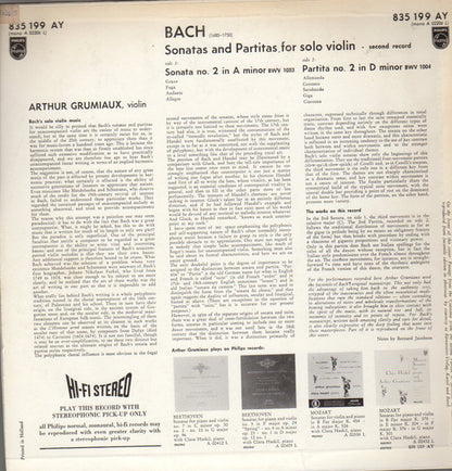 Johann Sebastian Bach – Arthur Grumiaux : Sonate Nr 2 A Moll Für Violine Allein BWV 1003 / Partita Nr 2 D-moll Für Violine Allein BWV 1004 (LP)