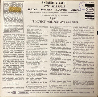 Antonio Vivaldi : The Seasons Violin Concerti, Op. 8, Nos. 1-4 "I Musici" Felix Ayo, Violinist (LP, Album)