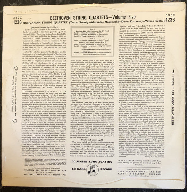 Ludwig van Beethoven - The Hungarian Quartet : The String Quartets, Volume Five: No. 8 In E Minor, Op. 59, No. 2 / No. 11 In F Minor, Op. 95 (LP, Album, Mono)
