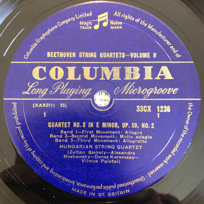 Ludwig van Beethoven - The Hungarian Quartet : The String Quartets, Volume Five: No. 8 In E Minor, Op. 59, No. 2 / No. 11 In F Minor, Op. 95 (LP, Album, Mono)