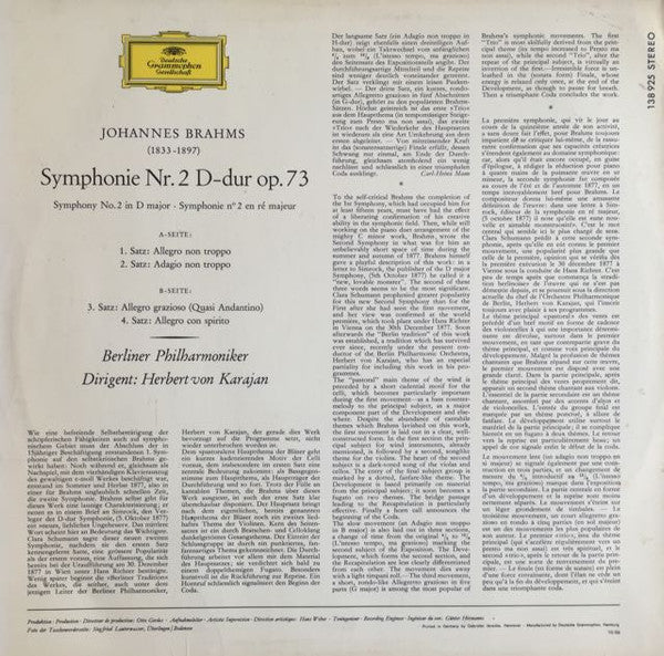 Johannes Brahms, Herbert von Karajan, Berliner Philharmoniker : Symphonie Nr. 2 (LP, RE)