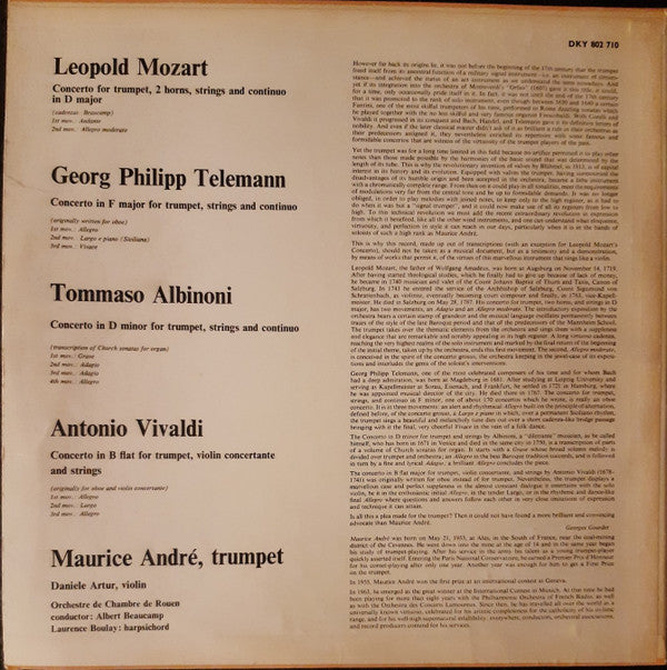 Leopold Mozart, Georg Philipp Telemann, Tomaso Albinoni, Antonio Vivaldi | Maurice André |  Orchestre De Chambre De Rouen, Albert Beaucamp : Trumpet Concertos (LP)