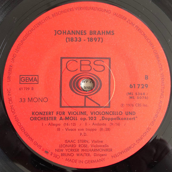Ludwig van Beethoven, Johannes Brahms, New York Philharmonic, Bruno Walter : "Tripelkonzert" C-Dur Op. 56 / "Doppelkonzert" A-moll Op. 102 (LP, Comp, Mono)