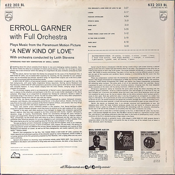 Erroll Garner With Full Orchestra Conducted By Leith Stevens : Playing Music From The Paramount Motion Picture "A New Kind Of Love" (LP, Album, Mono)