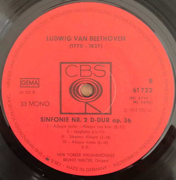 Ludwig van Beethoven, Bruno Walter, Columbia Symphony Orchestra : Sinfonien Nr. 1 C-dur Op. 21, Nr. 2 D-dur Op. 36 (LP, Mono)