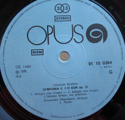 Johannes Brahms / Slovak Philharmonic Orchestra, Ľudovít Rajter : Symfónia Č.2 D Dur Op.73 (LP, Album, RP)