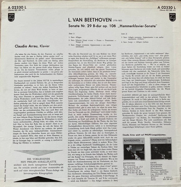 Ludwig van Beethoven, Claudio Arrau : Klaviersonate B-Dur Op. 106 "Hammerklavier-Sonate“ ‎ (LP, Mono)
