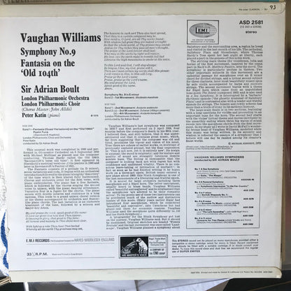 Ralph Vaughan Williams, Sir Adrian Boult, London Philharmonic Orchestra, London Philharmonic Choir, Peter Katin : Symphony No. 9 / Fantasia On The 'Old 104th' (LP)