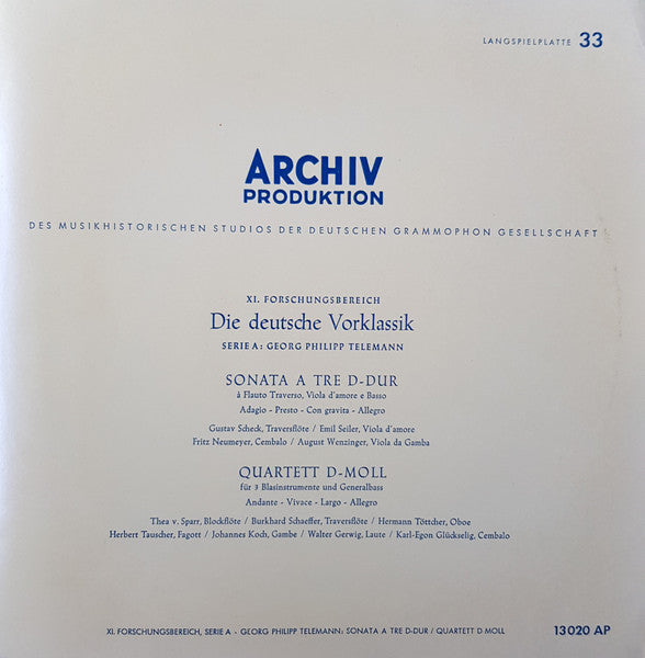 Georg Philipp Telemann : Sonata A Tre D-dur / Quartett D-moll (10", Mono, RE)